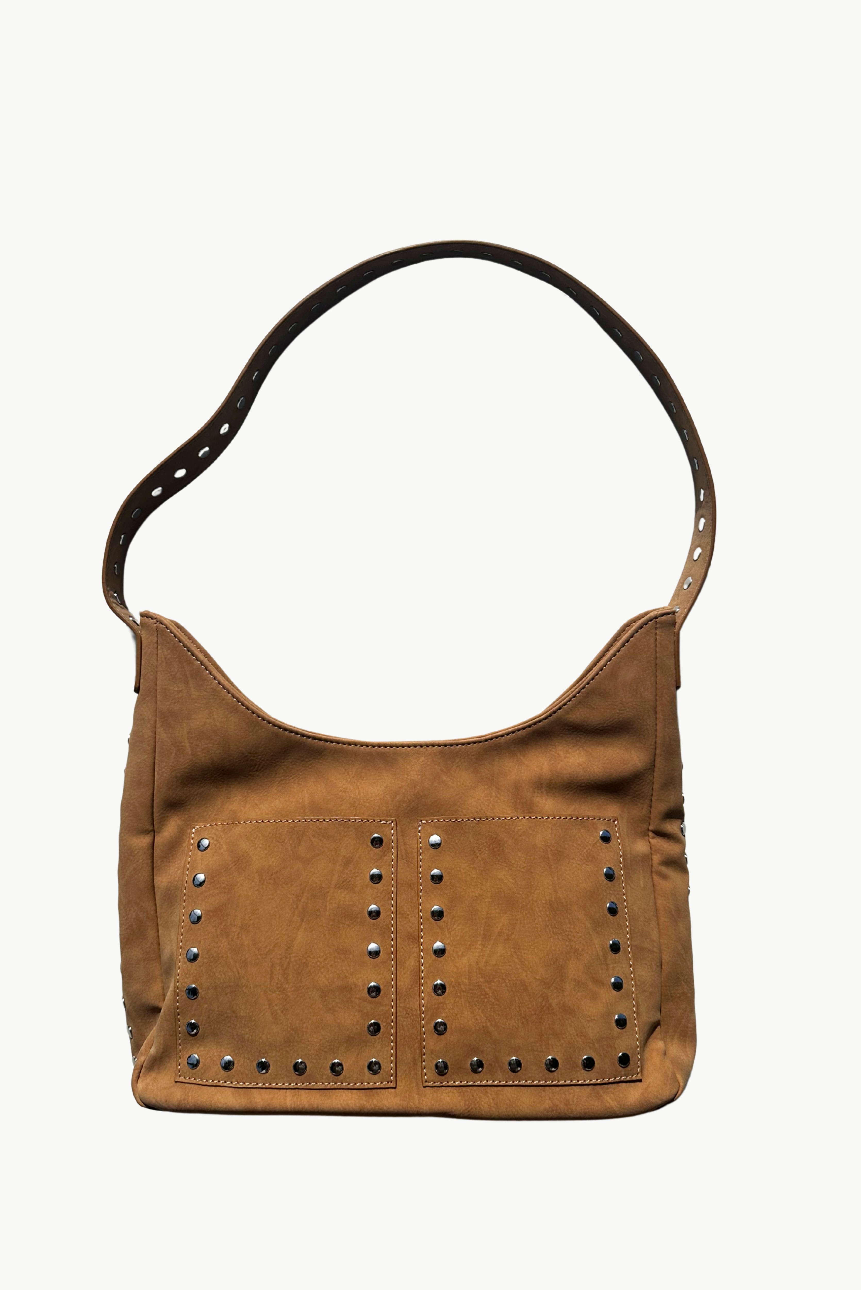 TAN FAUX SUEDE STUD BAG SAMPLE